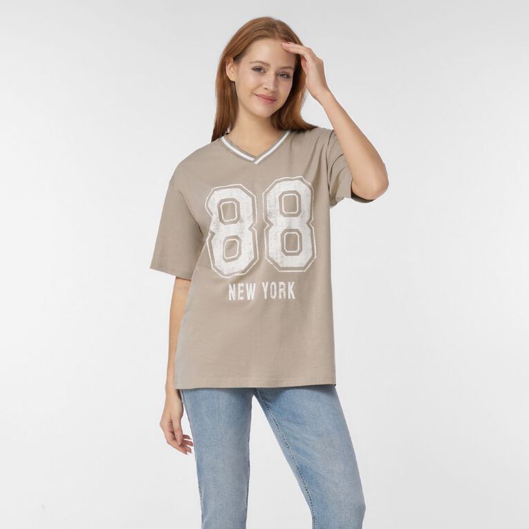 H&H Women's V-Neck Relaxed Drop Shoulder Tee, Grey Light, hi-res
