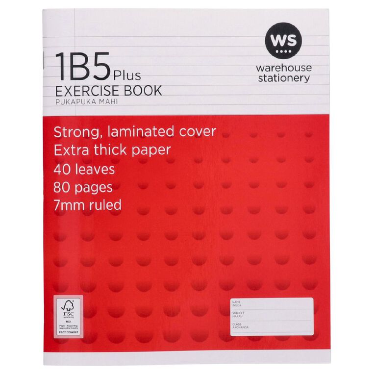WS Exercise Book 1B5 Plus 7mm Ruled 40 Leaf Red, , hi-res
