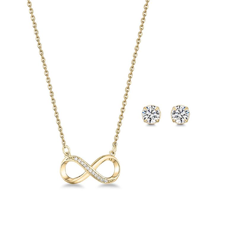 Mestige Gold Plated Cubic Zirconia Infinity Necklace & Earring Set, , hi-res
