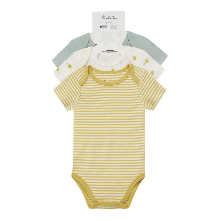 Young Original Babies' Short Sleeve Printed Bodysuit 3 Pack, Cream, hi-res