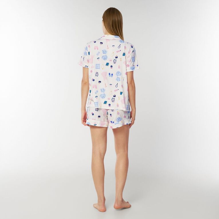 H&H Women's Comfy Button Up Short Sleeve Pyjama Set, Cream, hi-res