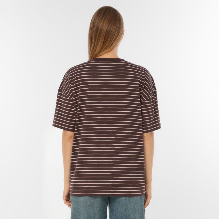 H&H Women's Oversized Boyfriend Stripe Tee, Brown Dark, hi-res