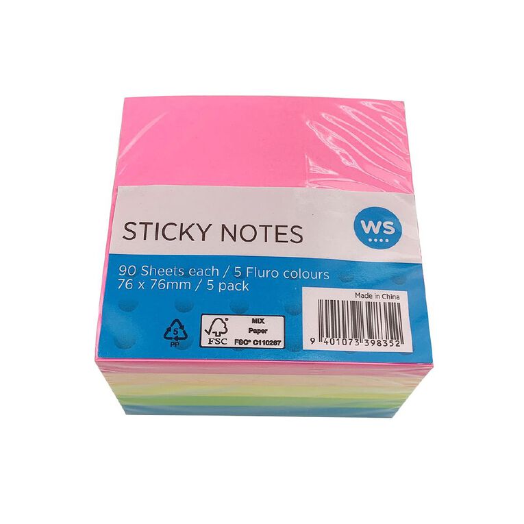 WS Sticky Notes 76mm x 76mm Multi-Coloured 90 Sheet 5 Pack, , hi-res