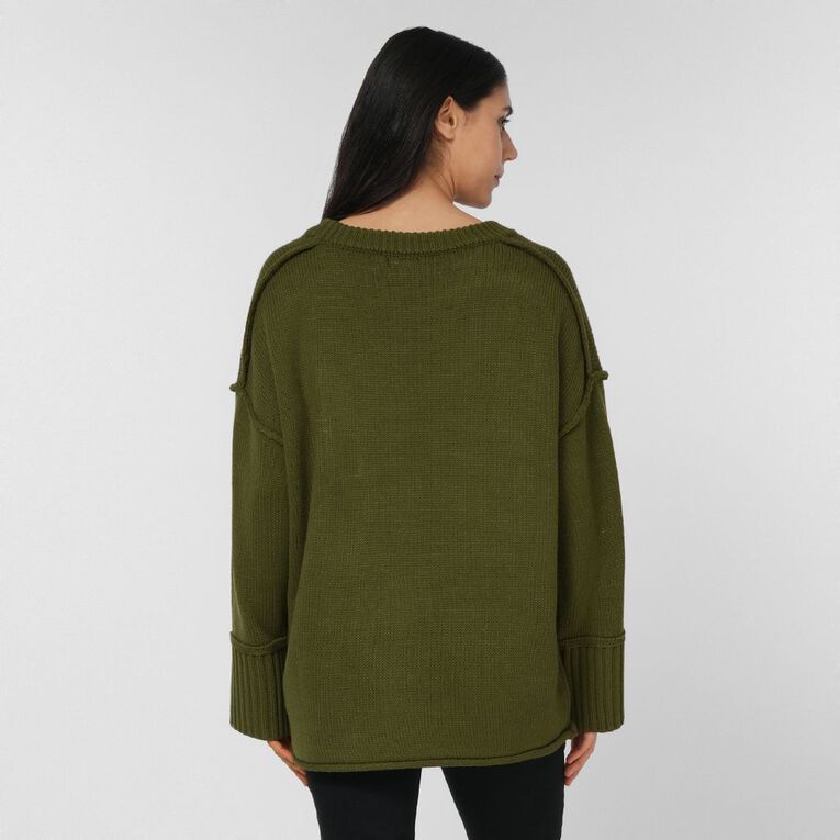 H&H Women's Long Chunky Knit With Contrast Stitch, Green Mid, hi-res