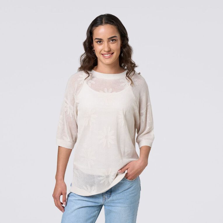 H&H Women's Amber Rixon Short Sleeve Crochet Flower Knit, Cream, hi-res