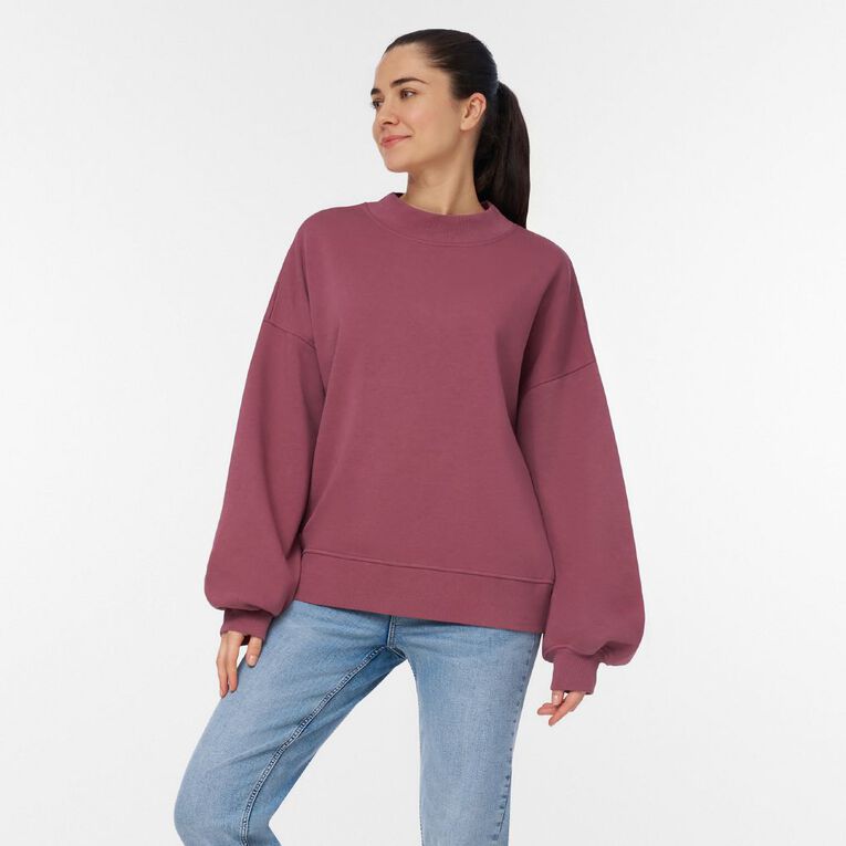 H&H Women's Balloon Sleeve Crew Sweatshirt, Pink Dark, hi-res