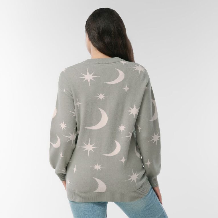 H&H Women's Star Jacquard Cardigan, Green Mid, hi-res
