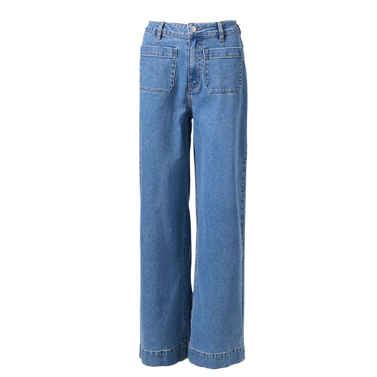 H&H Women's Patch Pocket Wide Leg Jeans, Denim Mid, hi-res
