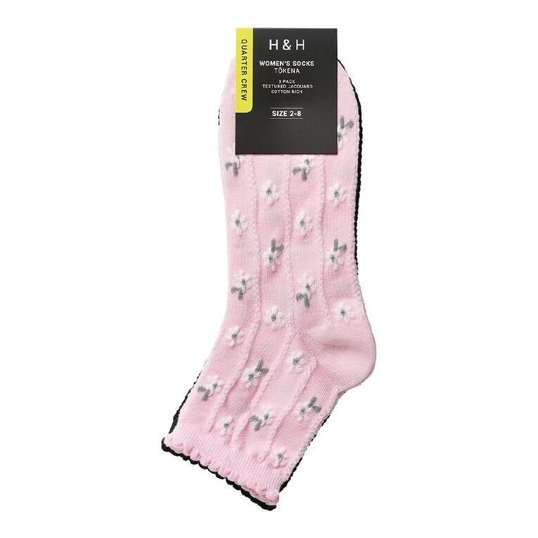 H&H Women's Textured Floral Half Crew Socks 3 Pack, Pink, hi-res