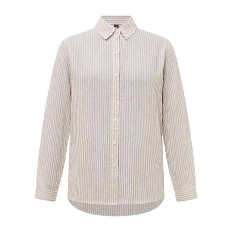 H&H Women's Long Sleeve Essential Linen Blend Shirt, Brown Light DOE STRIPE, hi-res