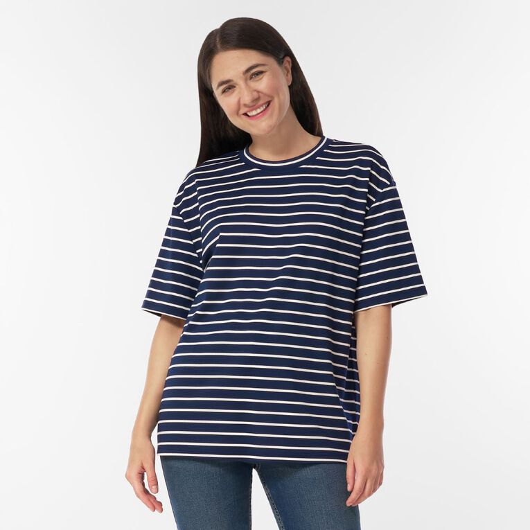 H&H Women's Short Sleeve Boxy Stripe Tee, Blue Dark, hi-res