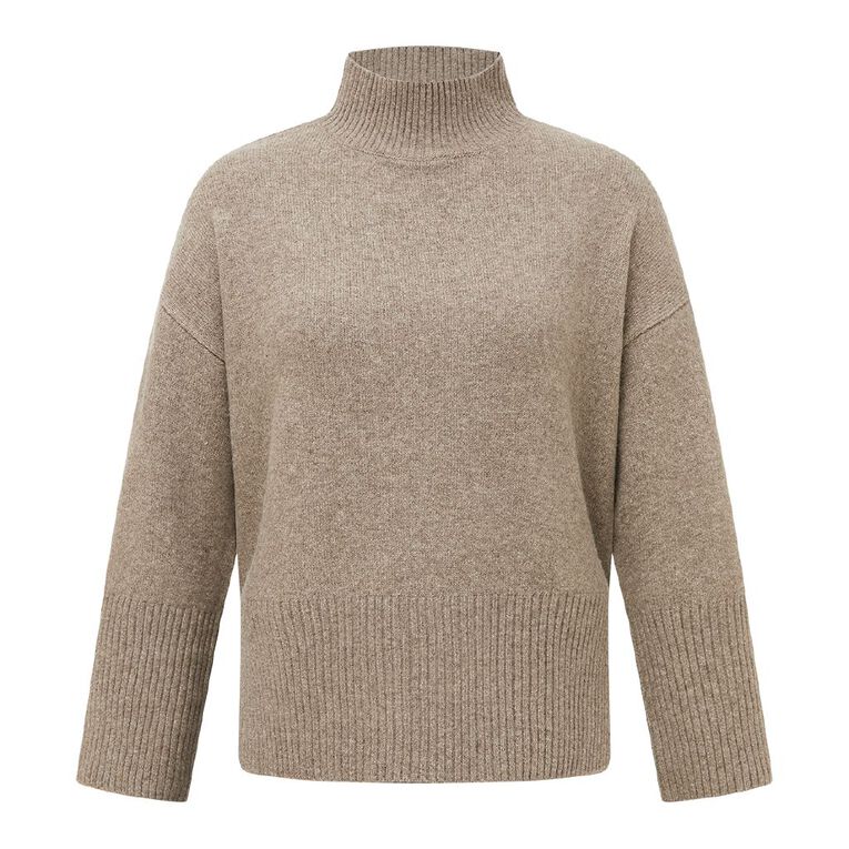 H&H Women's Crop Chunky Funnel Knit Jumper, Brown Mid, hi-res