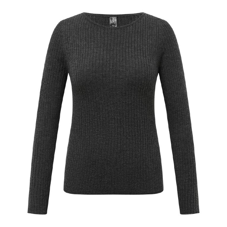 H&H Women's Merino Blend Rib Crew Knit, Charcoal/Marle, hi-res