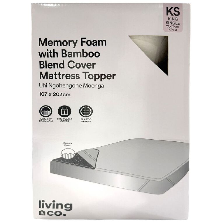 Living & Co Memory Foam Bamboo Blend Mattress Topper White King Single, , hi-res