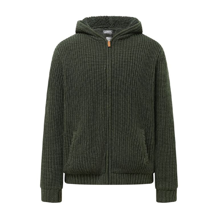 H&H Men's Sherpa Lined Zip Through Knitwear, Khaki, hi-res