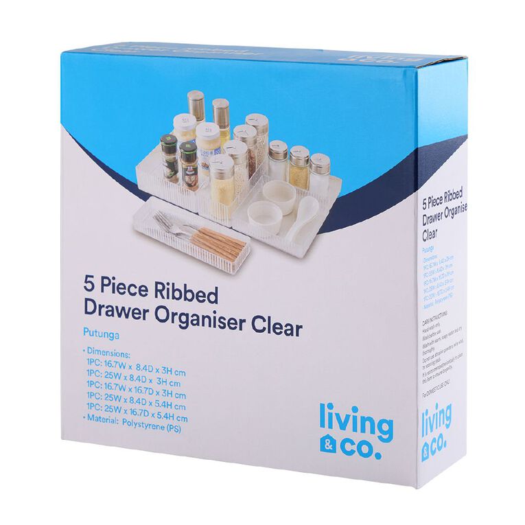 Living & Co 5 Piece Rib Draw Organiser Clear, , hi-res