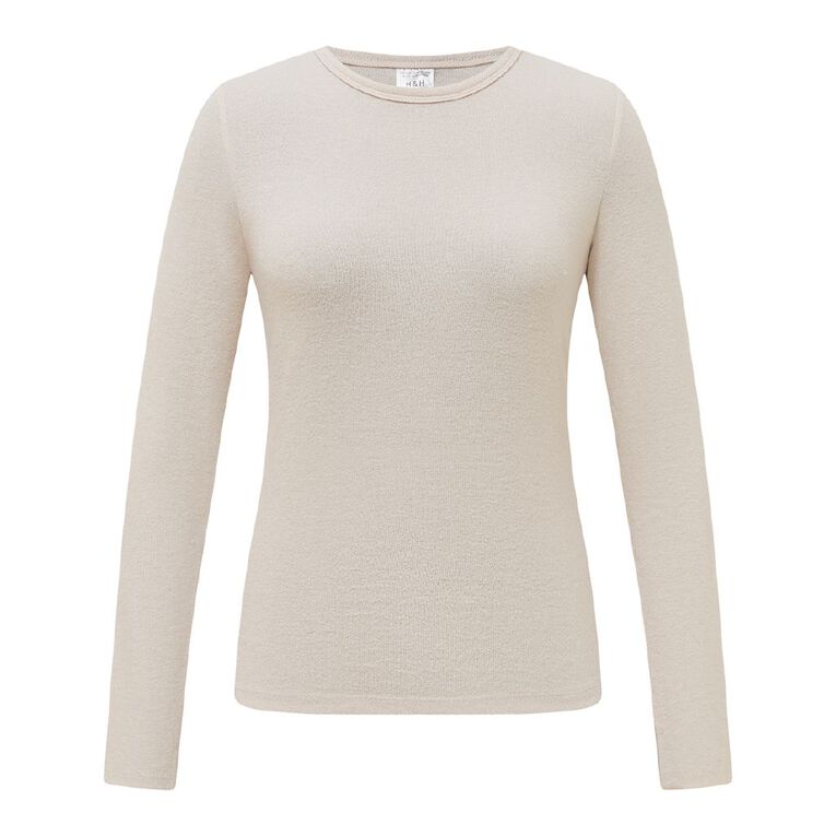 H&H Women's Brushed Knit Long Sleeved Lounge Top, Cream, hi-res