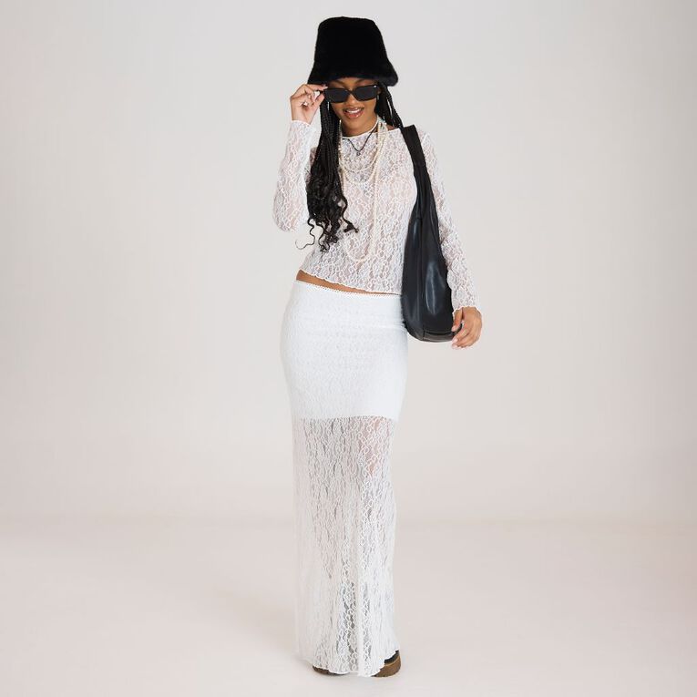 BRDRLESS Lexi Lace Long Sleeve Top, White, hi-res