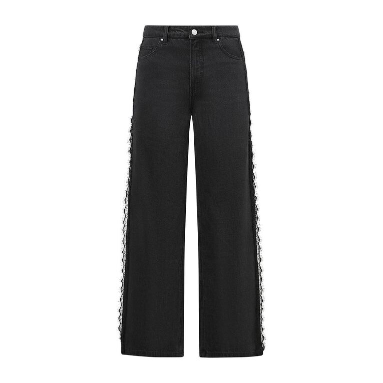 H&H Women's High Rise Wide Leg Lace Trim Jeans, Black, hi-res