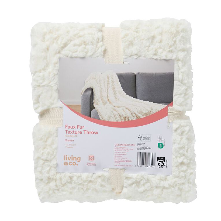 Living & Co Throw Faux Fur Texture Cream 127cm x 152cm, , hi-res