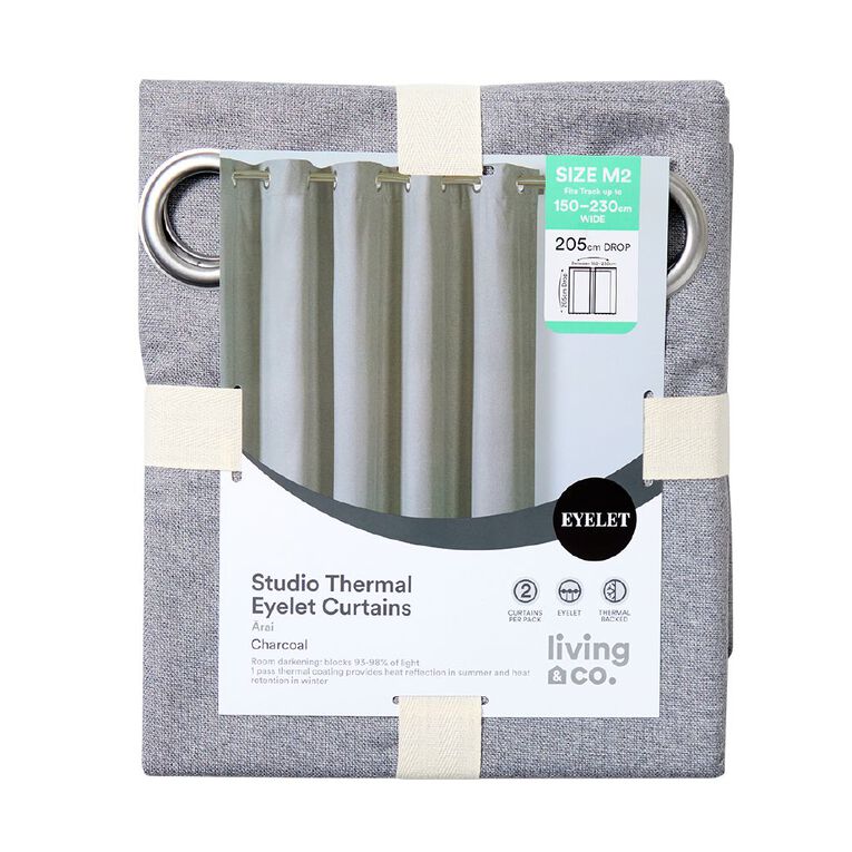 Living & Co Studio Eyelet Curtains Charcoal 150-230cm Wide/205cm Drop, , hi-res