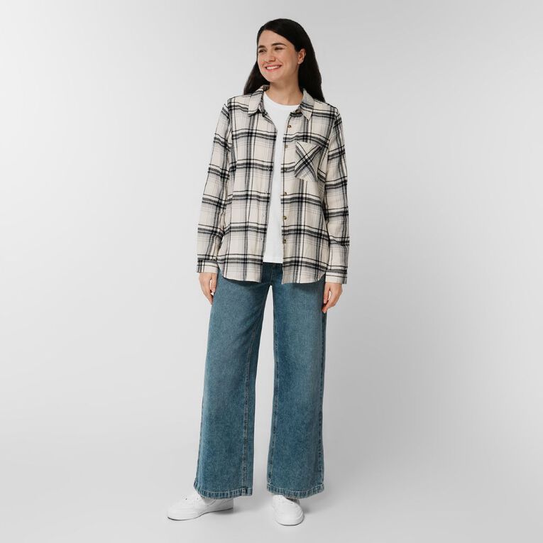 H&H Women's Long Sleeve Flannel Check Shirt, White/Blue, hi-res