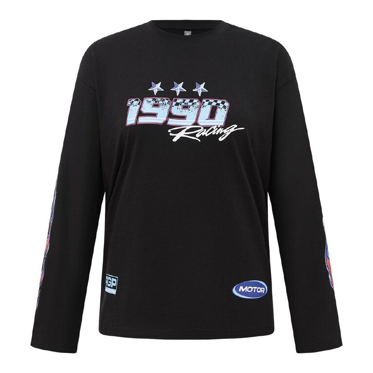 H&H Women's Long Sleeve Graphic Print Tee, Black, hi-res