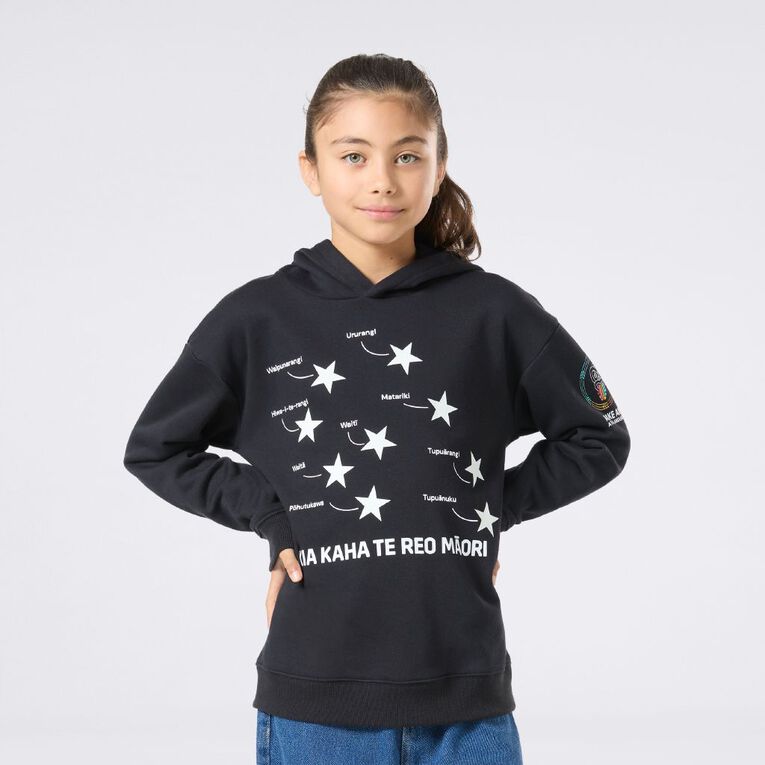 MLC Kids' Matariki Glow In The Dark Hoodie, Black, hi-res