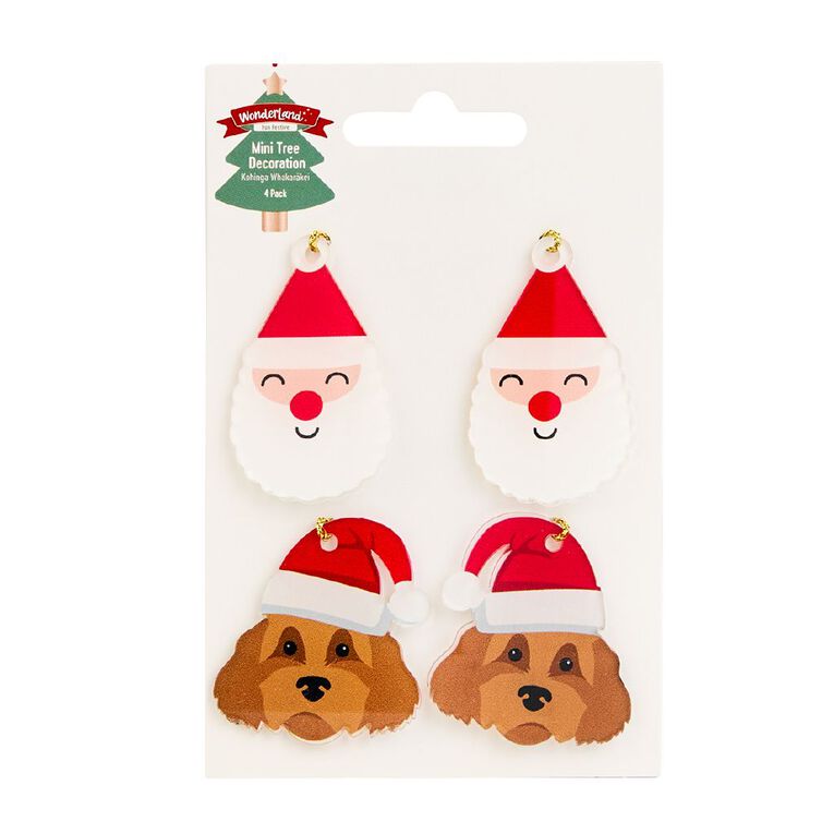 Wonderland Flat Santa/Dog Christmas Tree Decorations 4 Pack, , hi-res
