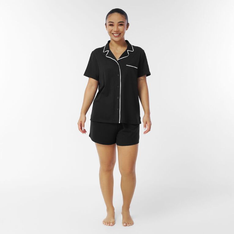 H&H Women's Button Up Short Sleeve Pyjama Set, Black, hi-res