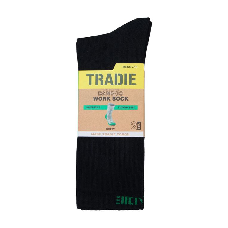 Tradie Men's Bamboo Rib Crew Socks 2 Pack, Black, hi-res