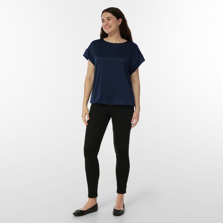 H&H Women's Short Sleeve Satin Shell Top, Navy, hi-res