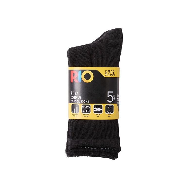 Rio Kids' School Crew Socks 5 Pack, Black W26, hi-res