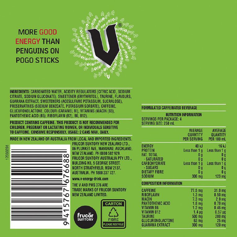 V Energy Drink Original Sugarfree 250ml 4 Pack, , hi-res