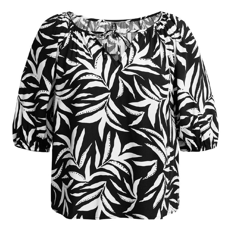 H&H Women's Balloon Sleeve VNeck, Black/White, hi-res