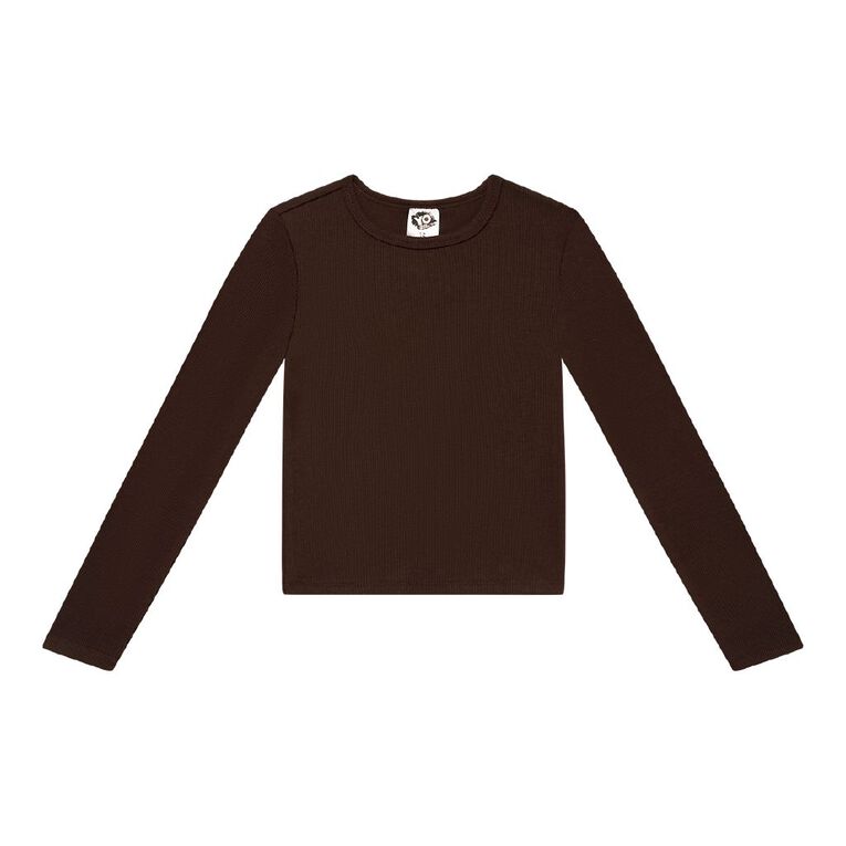 Young Original Long Sleeve Rib Crew Neck Top, Brown Dark, hi-res