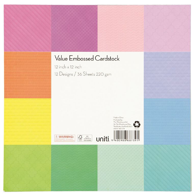 Uniti Value Cardstock Embossed 12in x 12in 36 Sheets Assorted, , hi-res