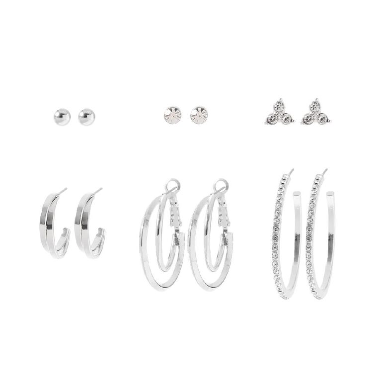 Diamante Twisted Hoop Silver Earrings 6 Pairs, , hi-res