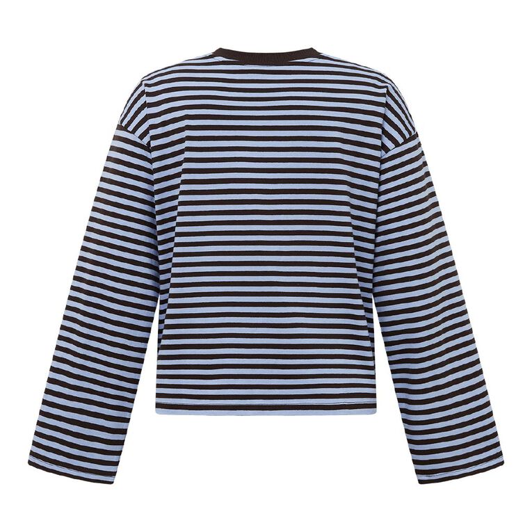 H&H Women's Long Sleeve Boxy Stripe Crew Neck Tee, Blue Mid, hi-res
