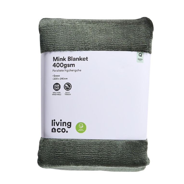 Living & Co 400gsm Mink Feel Blanket Green Queen, , hi-res