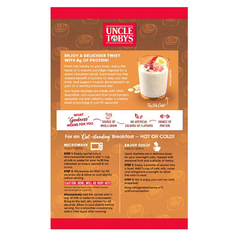 Uncle Tobys Oats Protein Quick Sachet Cinnamon Scroll 8 Pack, , hi-res