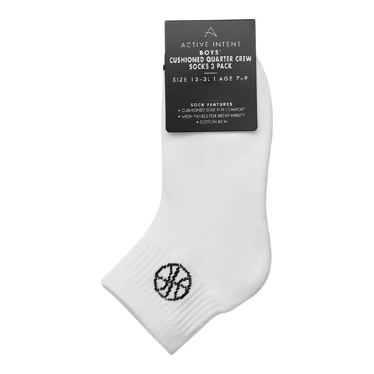 Active Intent Boys' Quarter Crew Cushioned Socks 3 Pack, Black CORE, hi-res