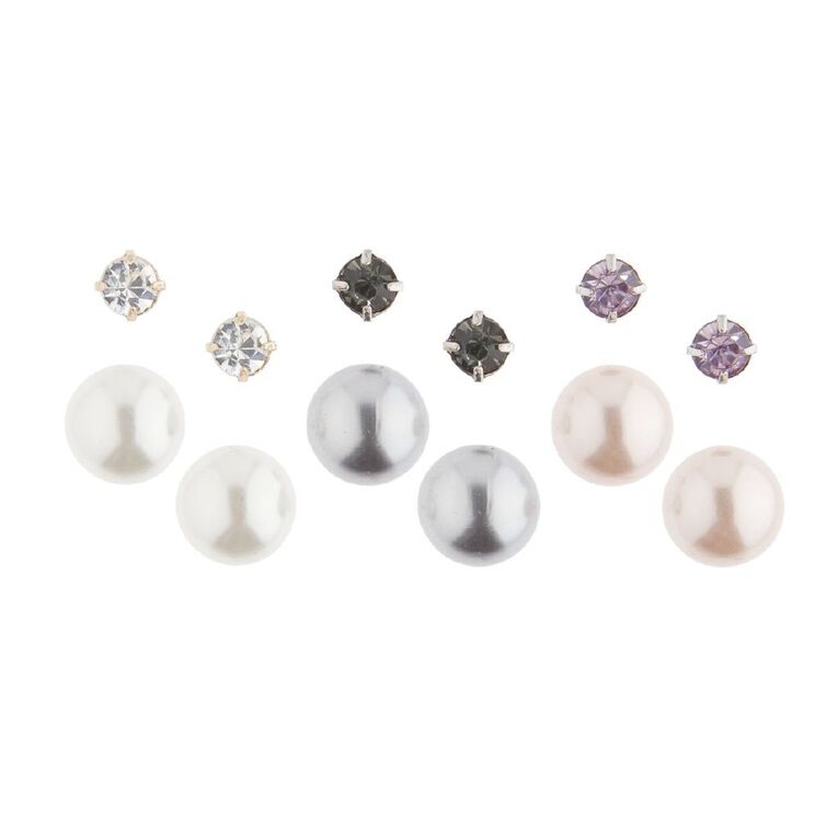 Diamante Pearl Earrings 6 Pairs, , hi-res