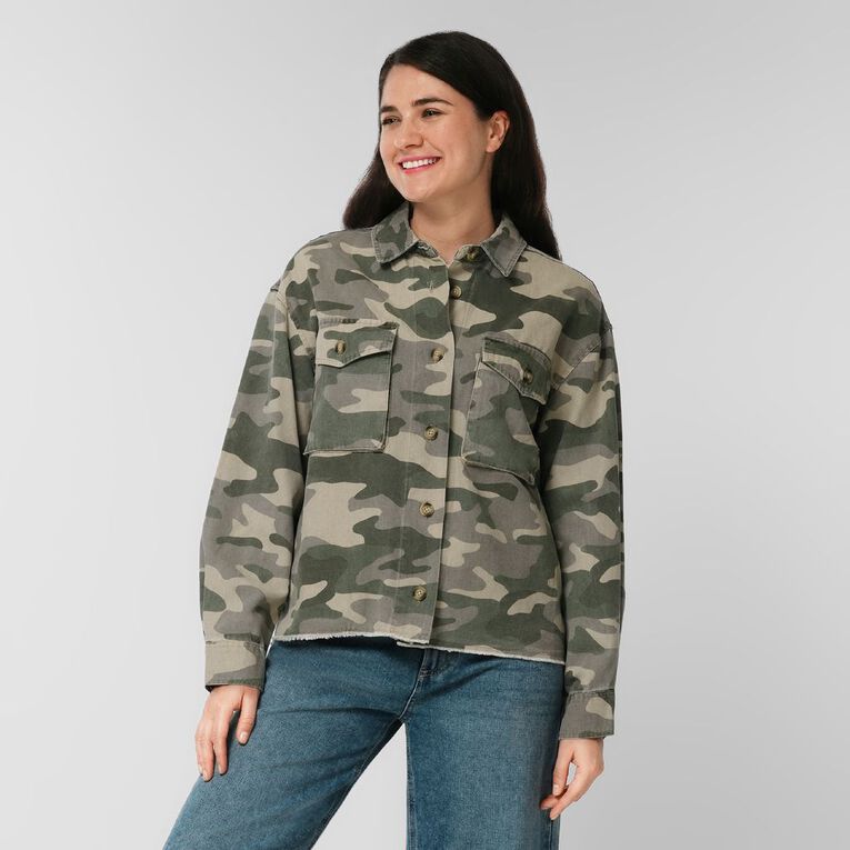 H&H Women's Long Sleeve Boxy Utility Shirt, Green Mid, hi-res
