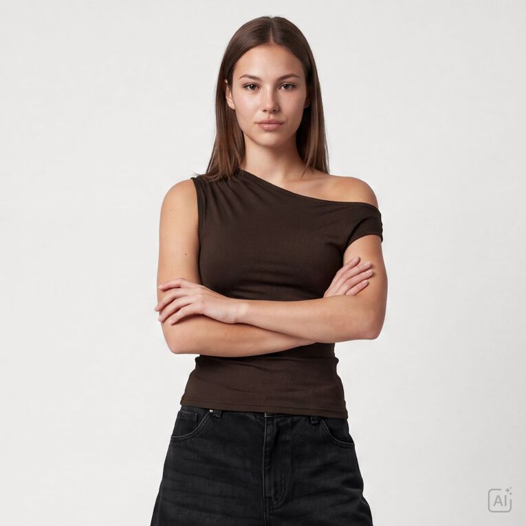 Garage Women's Contour Off Shoulder Ruched Top, Brown Dark, hi-res