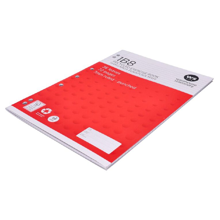 WS Exercise Book 1B8 7mm Ruled 36 Leaf Punched Red Mid, , hi-res