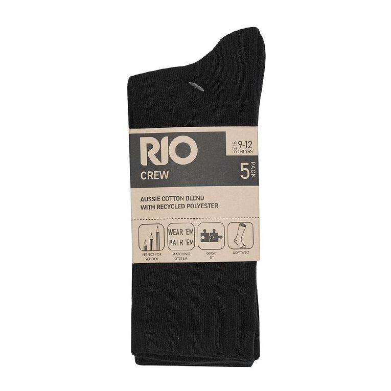 Rio Kids' School Crew Socks 5 Pack, Black W25, hi-res