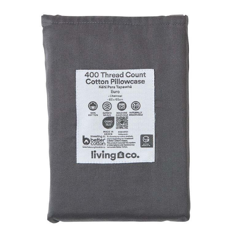 Living & Co 4OOTC Sateen Cotton Pillowcase 2pk Charcoal, , hi-res