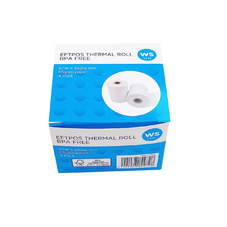 WS BPA Free Eftpos Rolls 57mm x 38mm 4 Pack, , hi-res