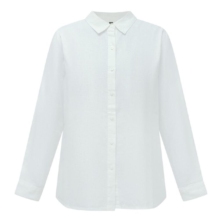 H&H Women's Long Sleeve Essential Linen Blend Shirt, White, hi-res